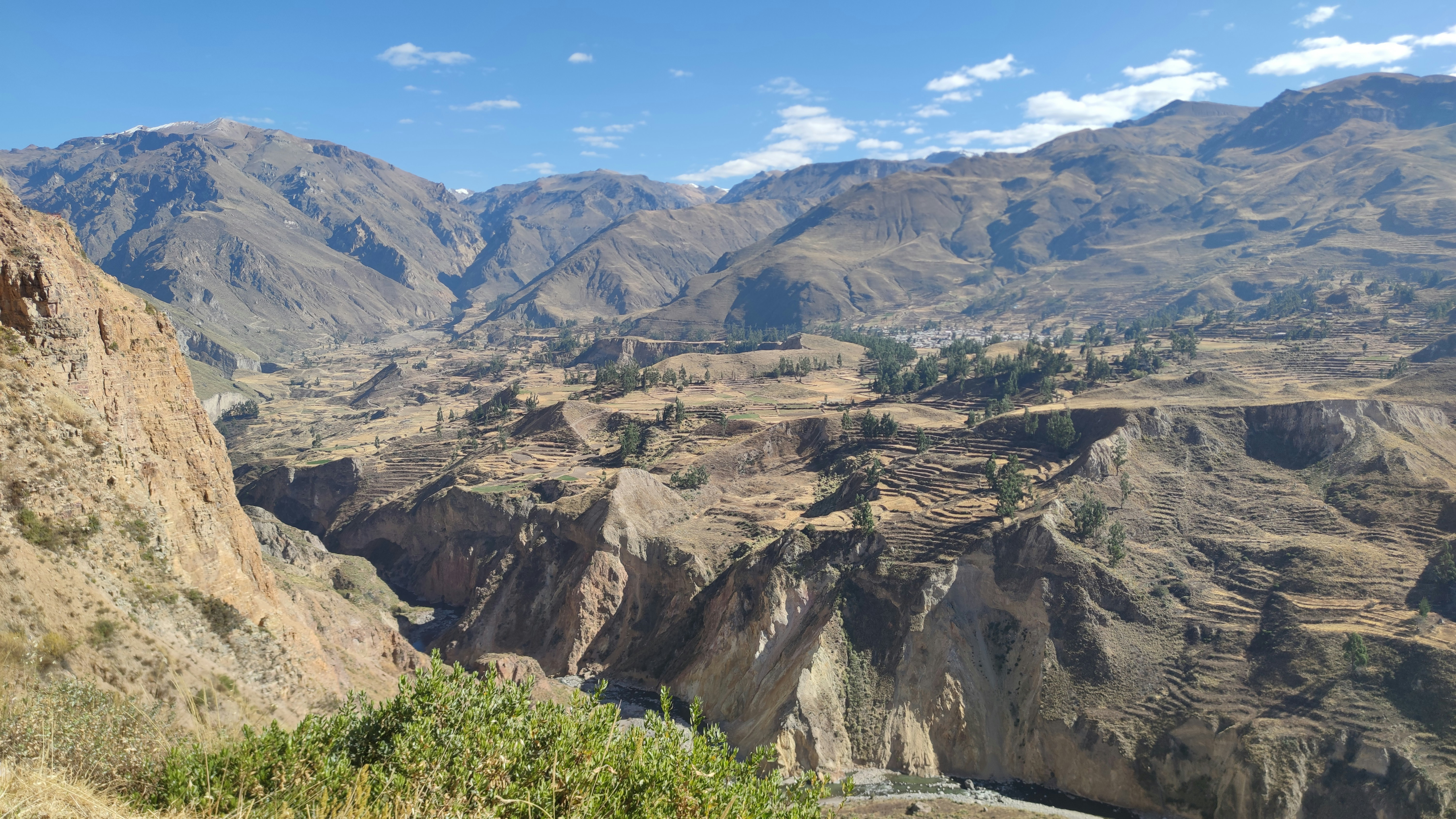 Steep terraced walls of Colca Canyon with Andean villages below, Peru