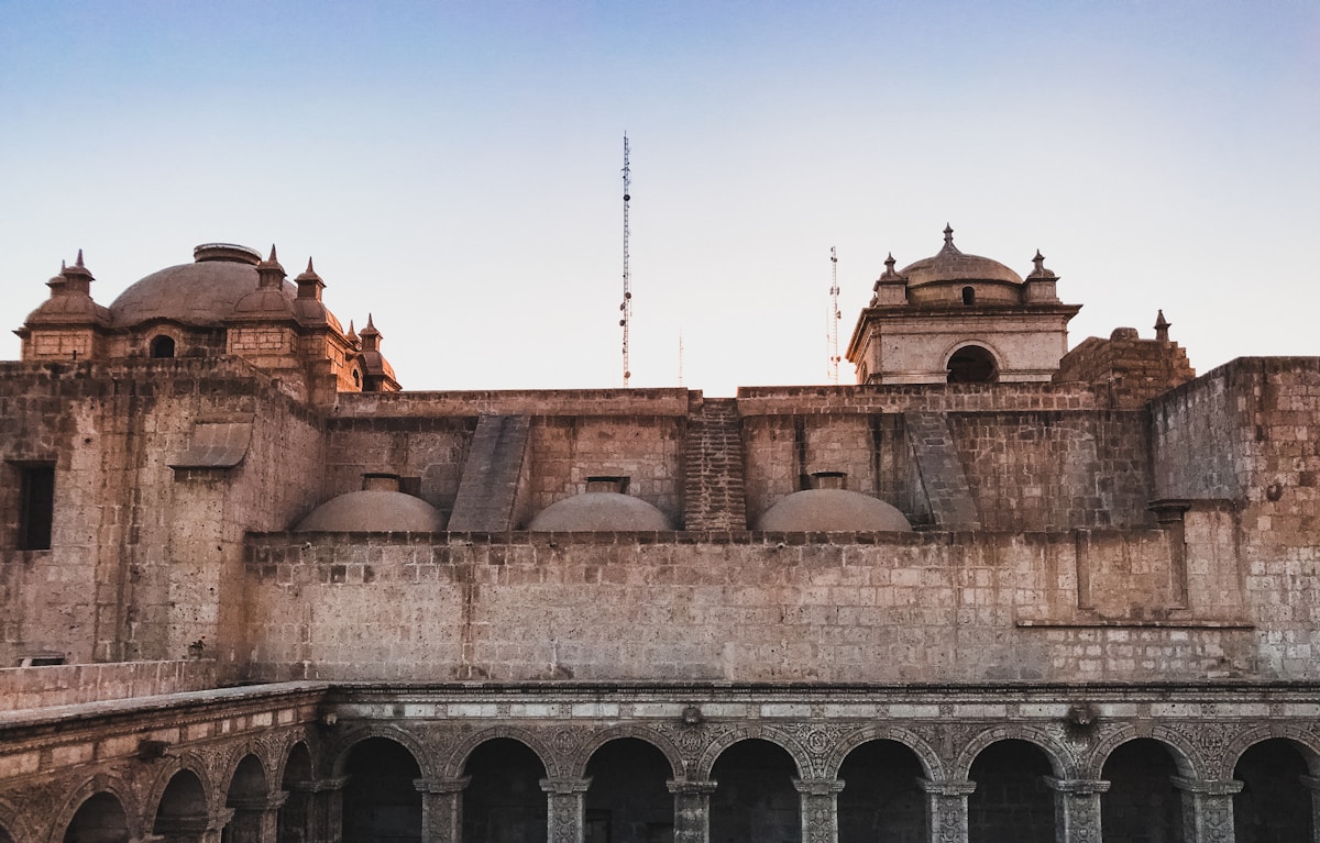 Arequipa Cathedral facade with colonial arches, Plaza de Armas, Peru