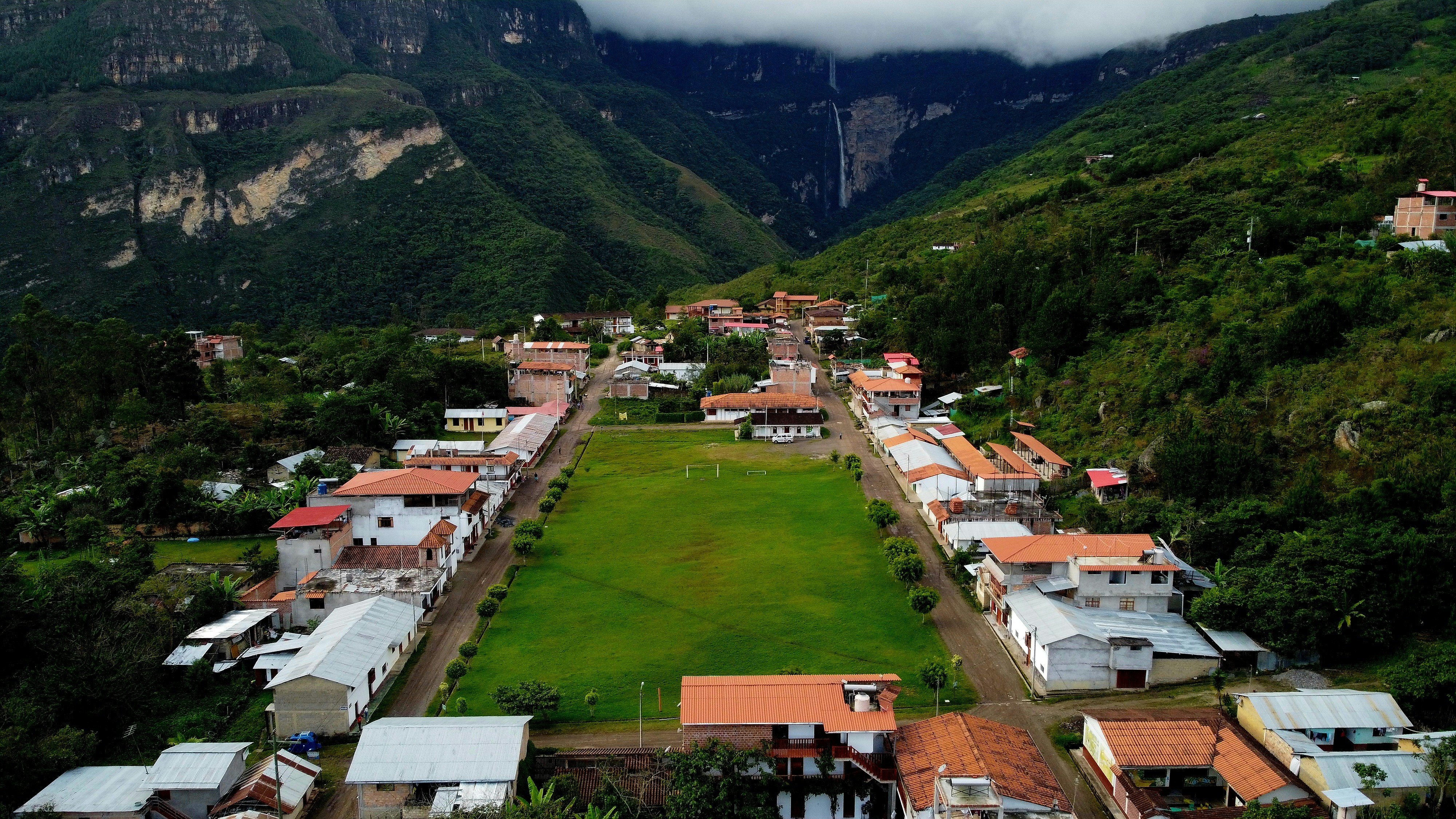 Aerial view of Cocachimba village in the jungle valley near Gocta Falls, northern Peru