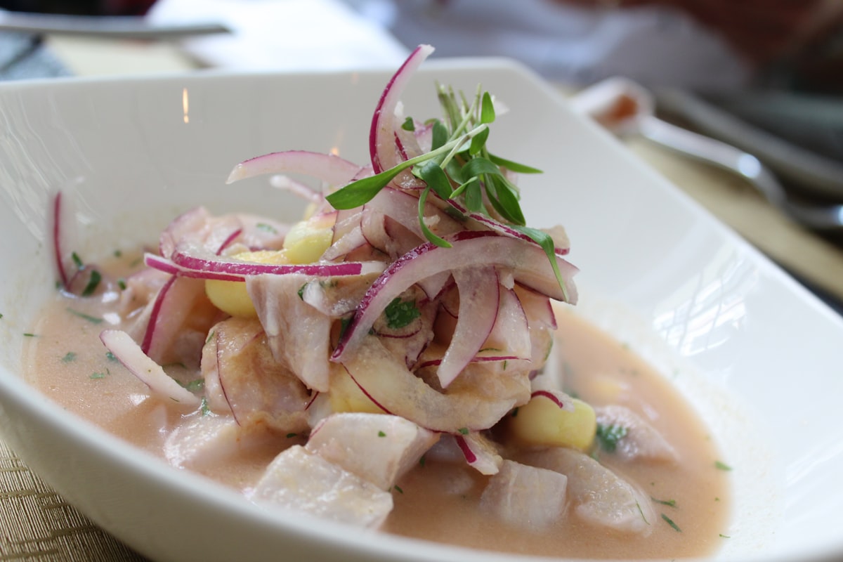 Bowl of Peruvian ceviche with white fish, red onion, and leche de tigre marinade