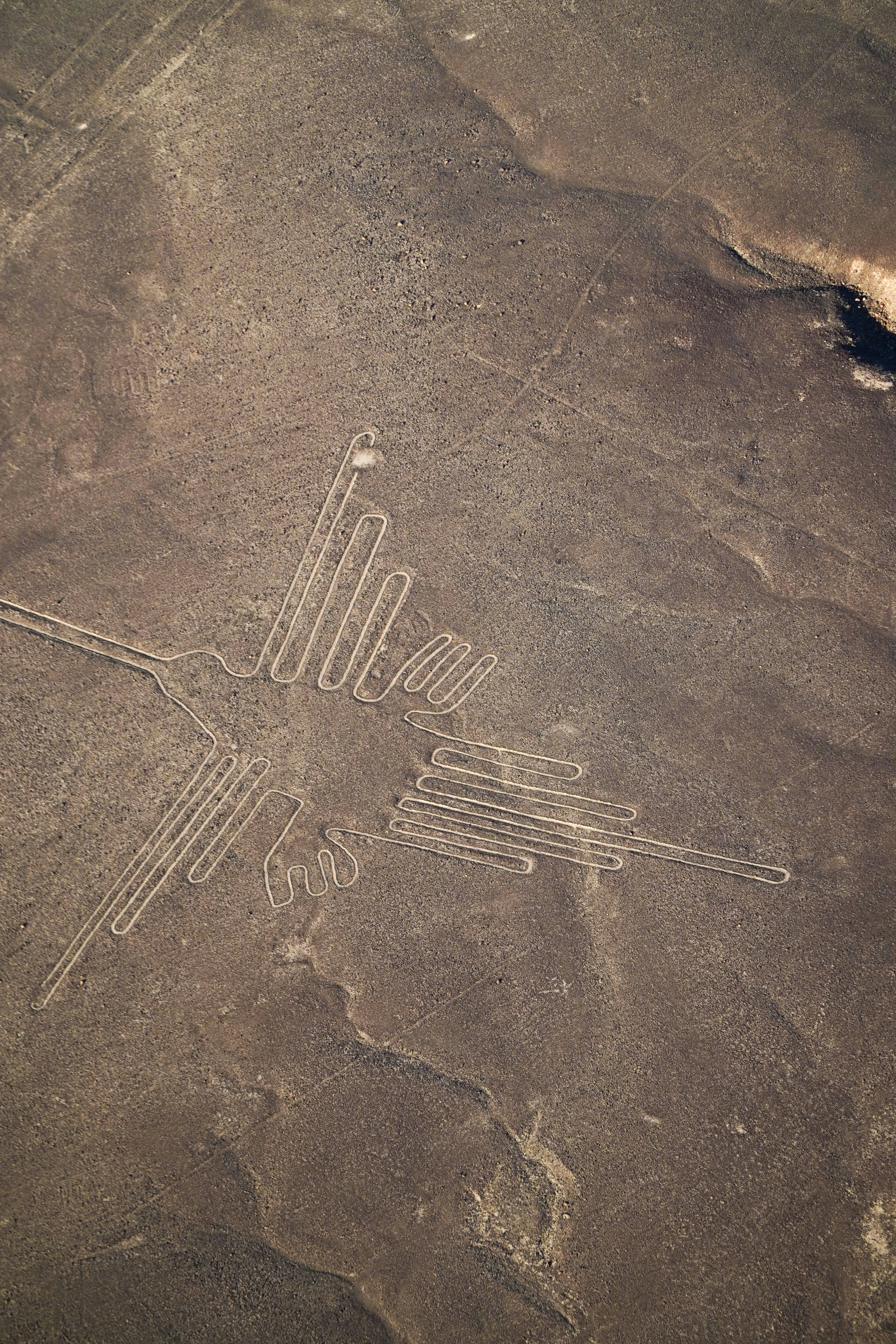 Aerial view of the Nazca Lines hummingbird geoglyph etched into the desert floor, Peru