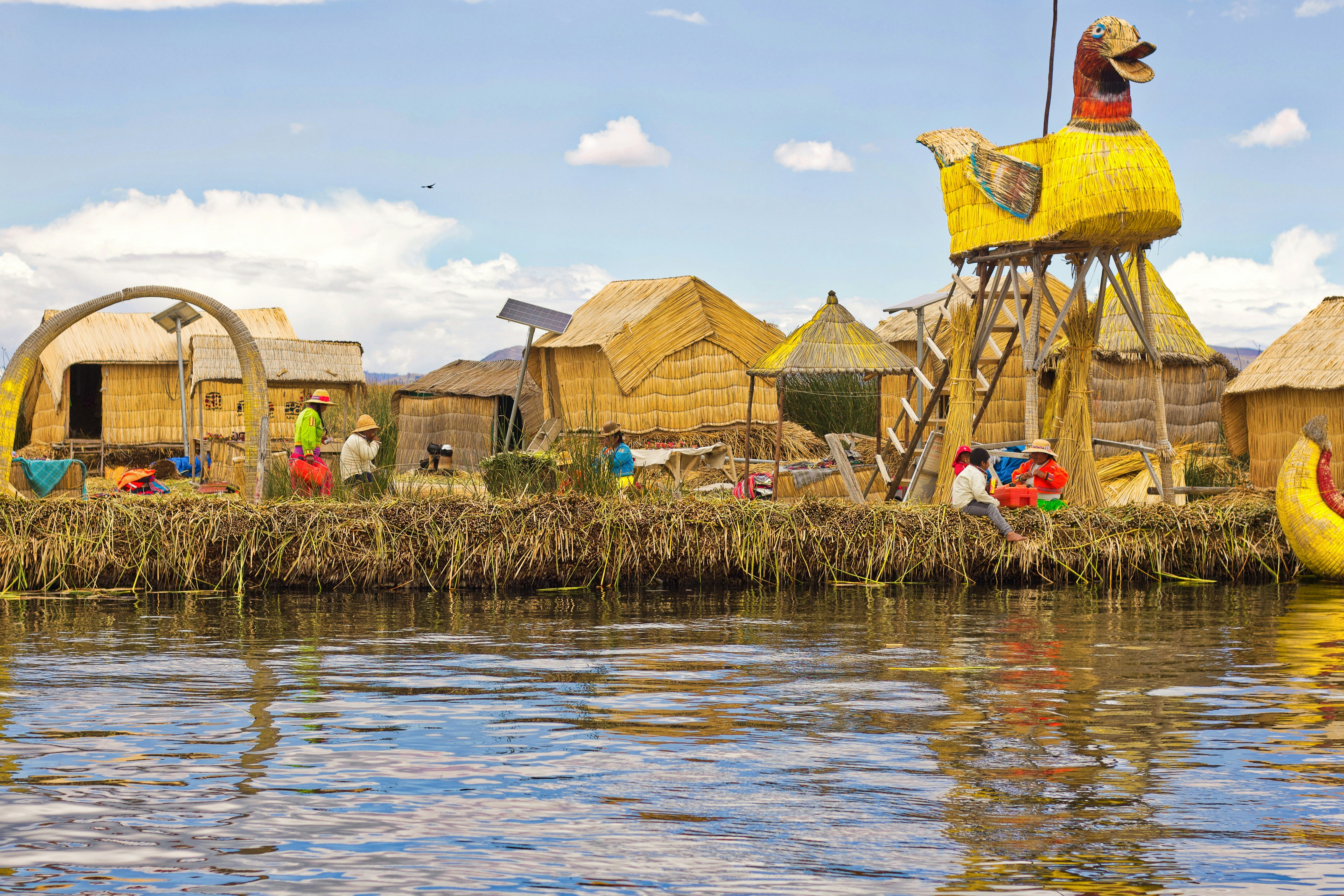 Reed boats and totora reeds on Lake Titicaca near Puno, Peru