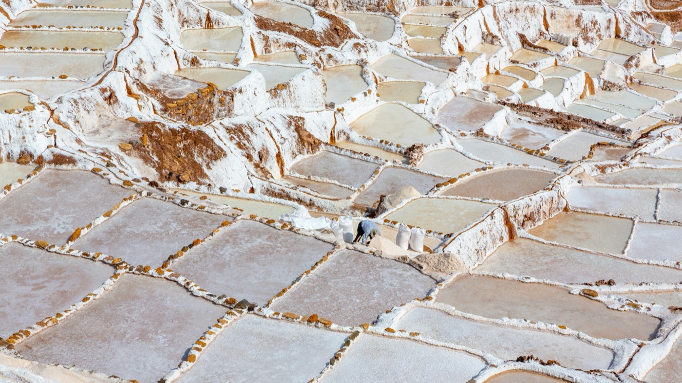 Terraced white salt evaporation ponds at Maras, Sacred Valley, Peru