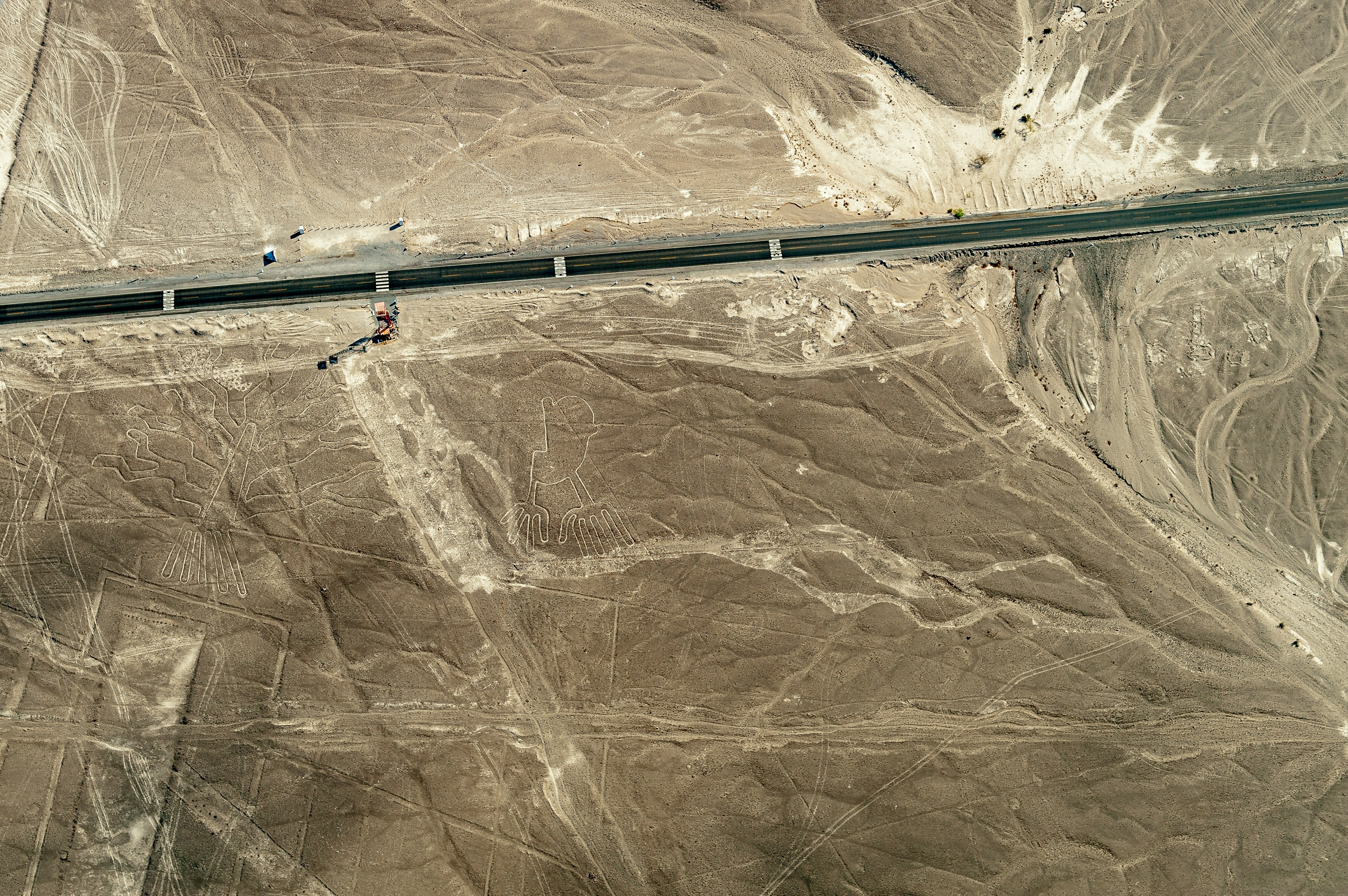 Aerial view of the Nazca Lines hummingbird geoglyph etched in the Peruvian desert