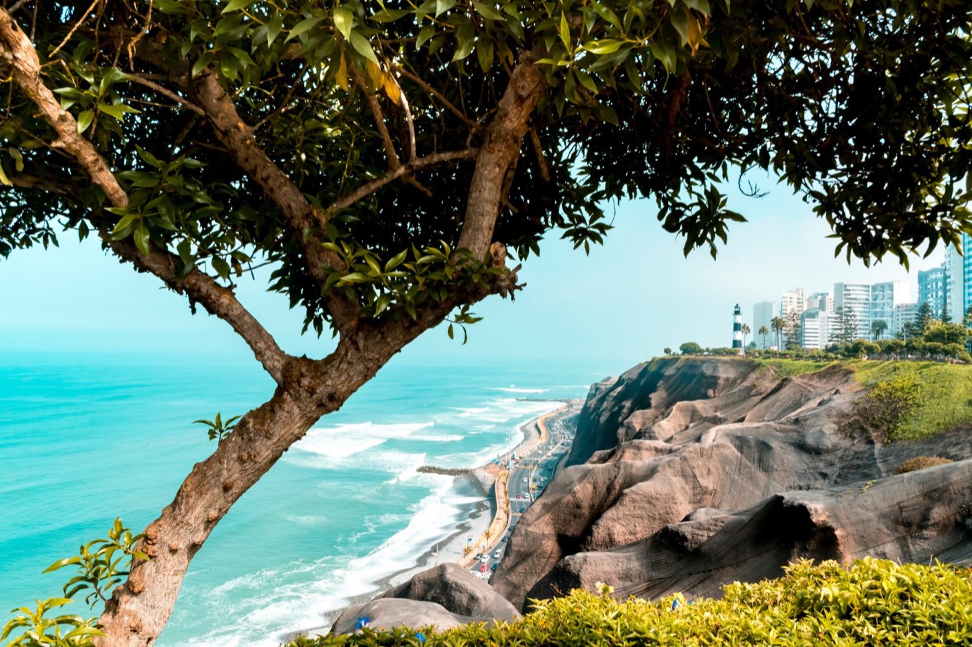Miraflores coastal cliffs and Pacific Ocean from the malecon, Lima, Peru