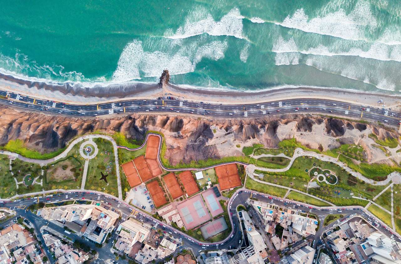 Aerial view of Miraflores coastline with Pacific Ocean and Malecón Cisneros, Lima, Peru