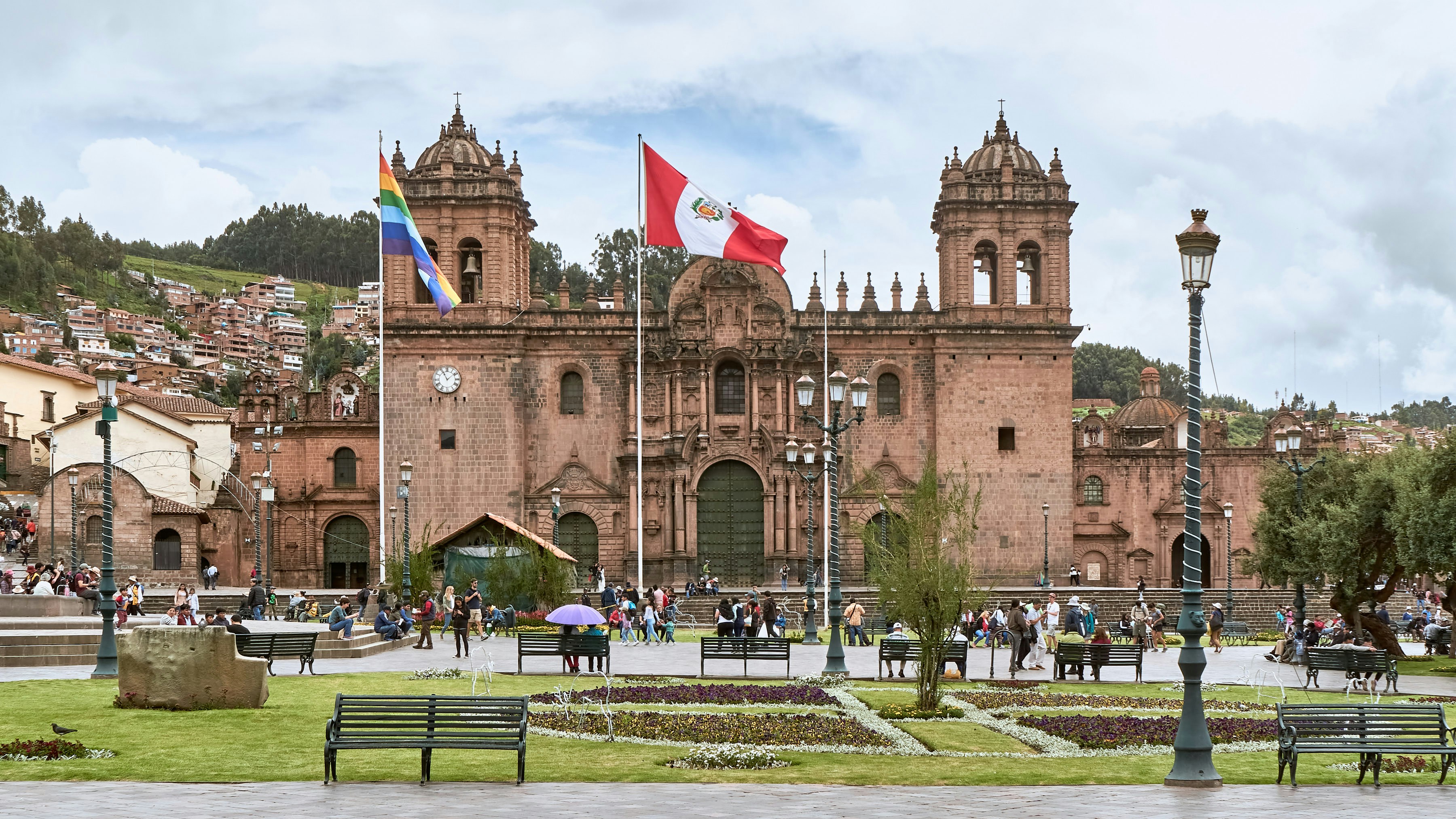 Cusco Cathedral and Plaza de Armas with Peruvian flag during Semana Santa
