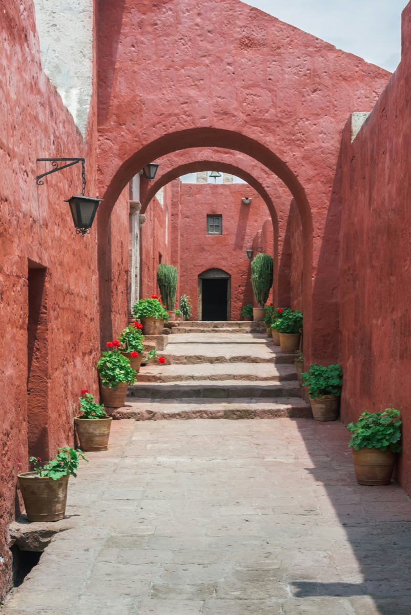 Arched corridor with red walls and flower pots at Santa Catalina Monastery, Arequipa, Peru