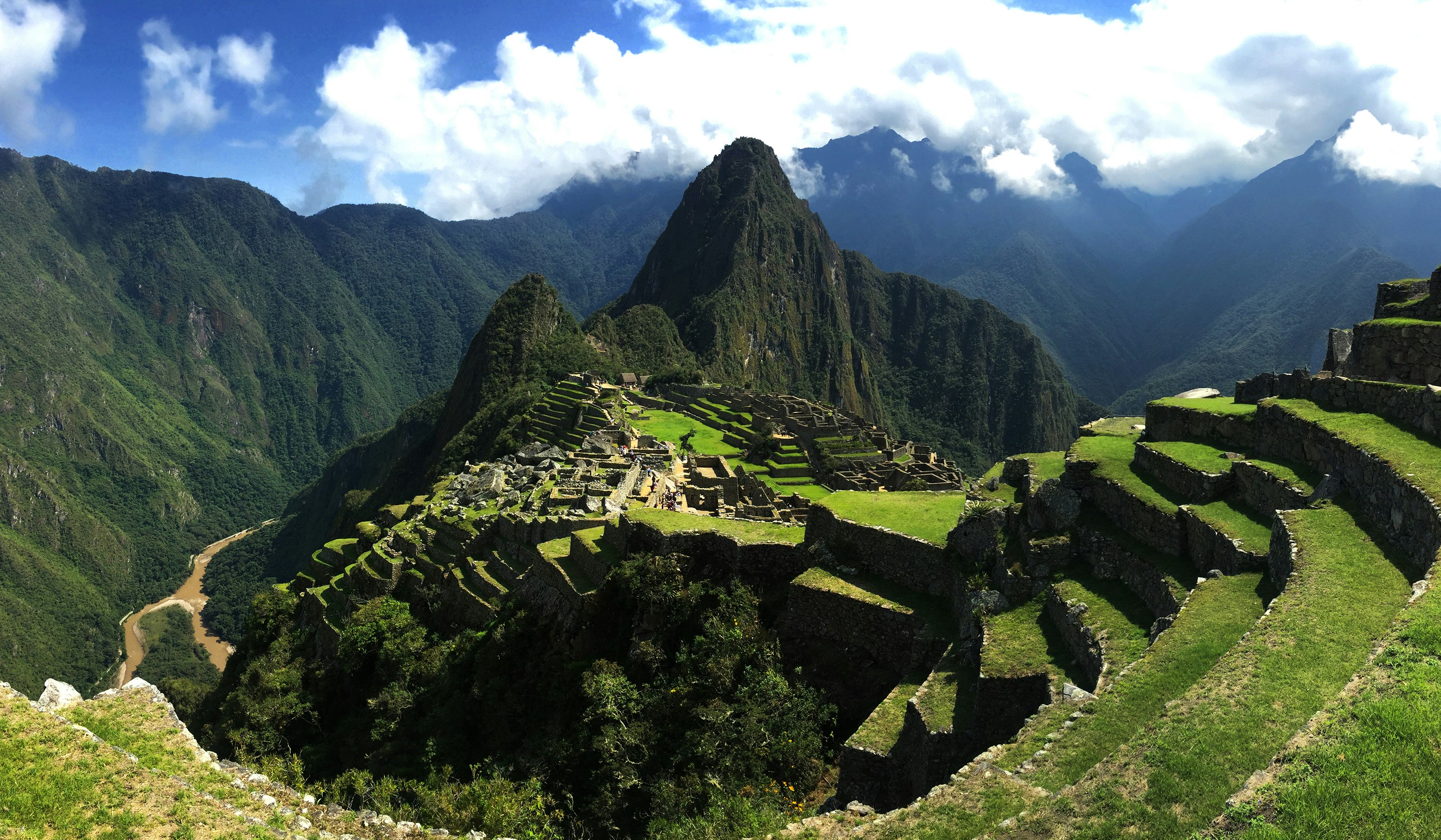 Machu Picchu Inca ruins with Huayna Picchu peak and terraces, Peru