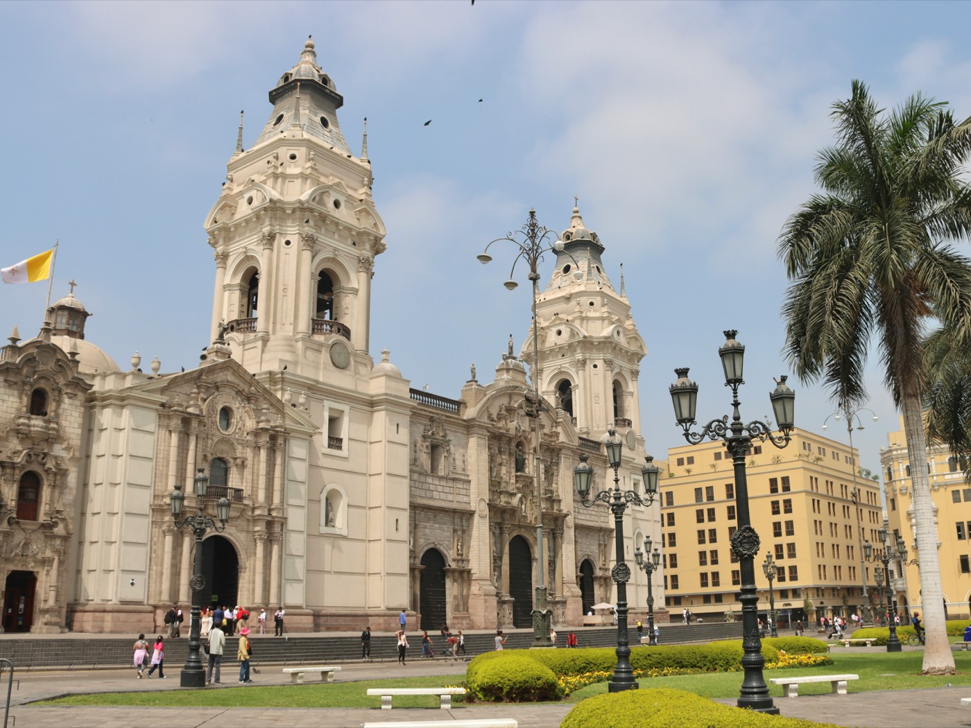 Lima Cathedral towers on the Plaza de Armas, Lima, Peru