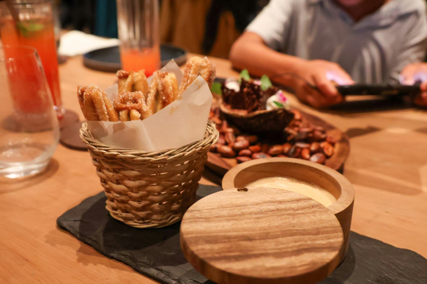 Churros and cacao dessert platter at a Miraflores restaurant, Lima, Peru
